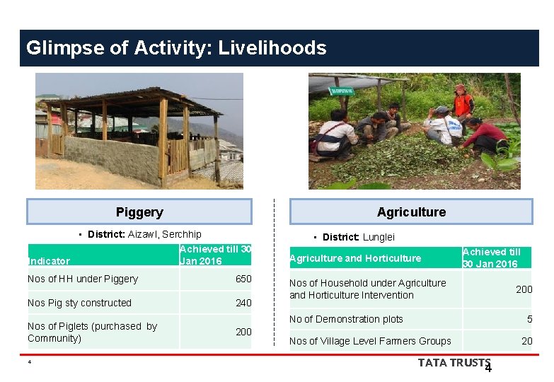 Glimpse of Activity: Livelihoods Piggery Agriculture • District: Aizawl, Serchhip Achieved till 30 Indicator