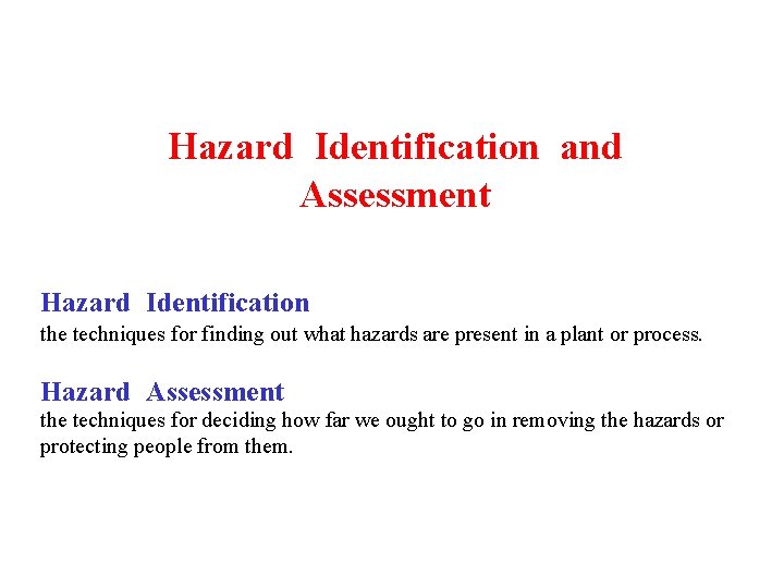 Hazard Identification and Assessment Hazard Identification the techniques for finding out what hazards are