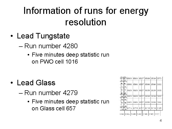 Information of runs for energy resolution • Lead Tungstate – Run number 4280 •