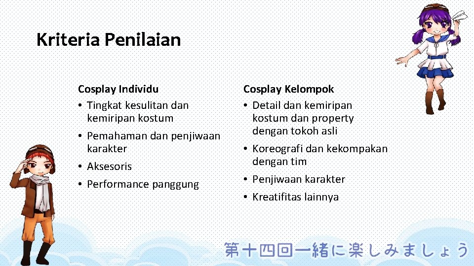 Kriteria Penilaian Cosplay Individu • Tingkat kesulitan dan kemiripan kostum • Pemahaman dan penjiwaan