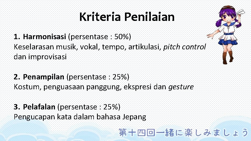 Kriteria Penilaian 1. Harmonisasi (persentase : 50%) Keselarasan musik, vokal, tempo, artikulasi, pitch control