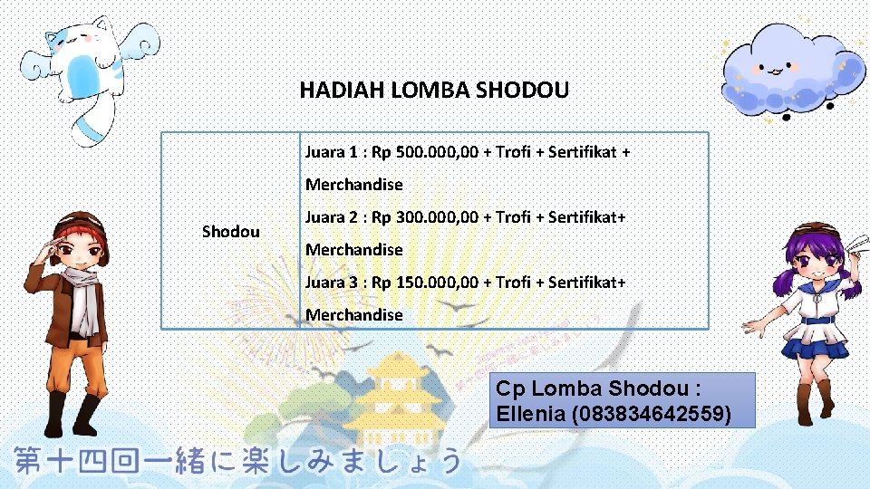 HADIAH LOMBA SHODOU Juara 1 : Rp 500. 000, 00 + Trofi + Sertifikat