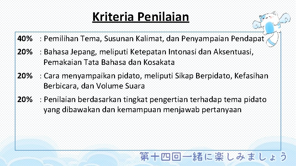 Kriteria Penilaian 40% : Pemilihan Tema, Susunan Kalimat, dan Penyampaian Pendapat 20% : Bahasa