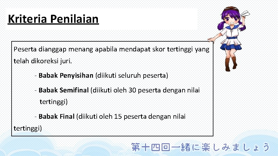 Kriteria Penilaian Peserta dianggap menang apabila mendapat skor tertinggi yang telah dikoreksi juri. -