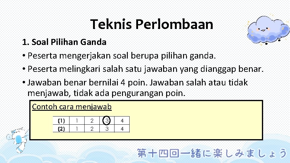 Teknis Perlombaan 1. Soal Pilihan Ganda • Peserta mengerjakan soal berupa pilihan ganda. •