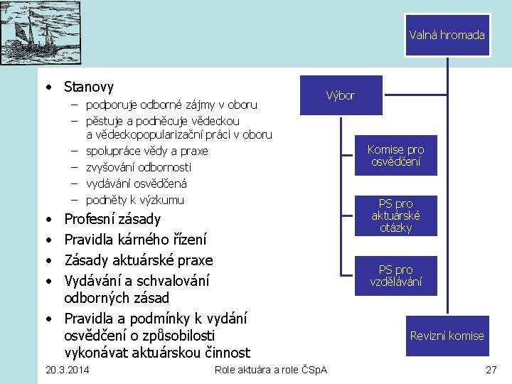 Valná hromada • Stanovy – podporuje odborné zájmy v oboru – pěstuje a podněcuje