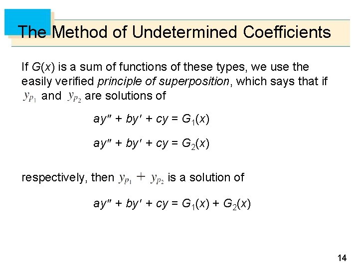 The Method of Undetermined Coefficients If G(x) is a sum of functions of these