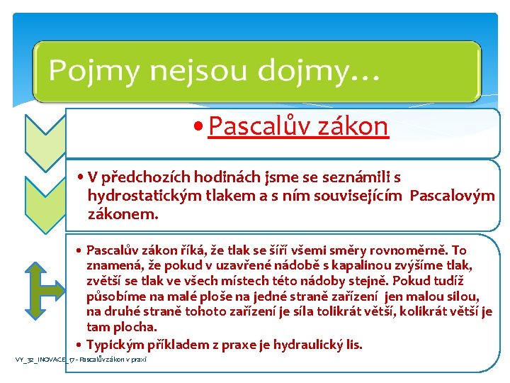  • Pascalův zákon • V předchozích hodinách jsme se seznámili s hydrostatickým tlakem