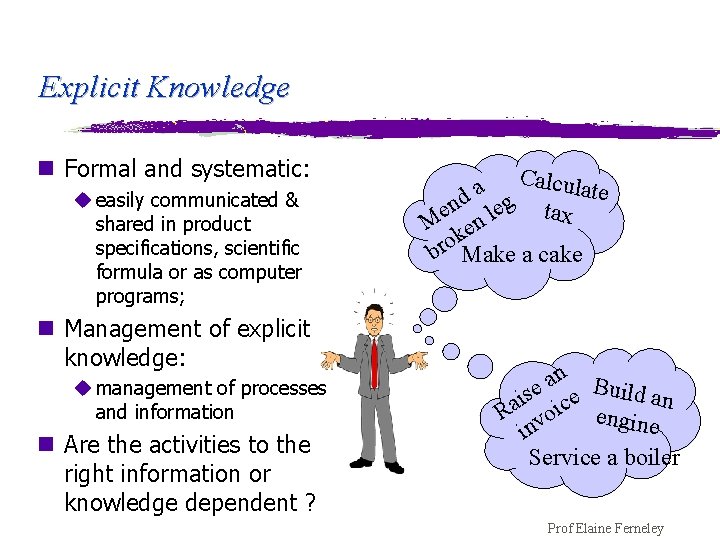 Explicit Knowledge n Formal and systematic: u easily communicated & shared in product specifications,