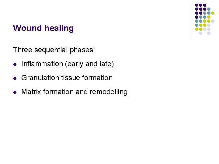 Wound healing Three sequential phases: l Inflammation (early and late) l Granulation tissue formation