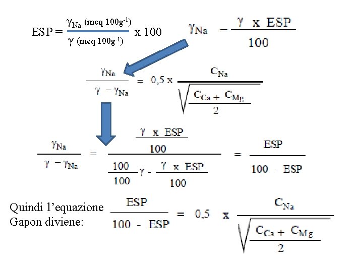 ESP = γNa (meq 100 g-1) γ (meq 100 g-1) Quindi l’equazione di Gapon ESP = γNa (meq 100 g-1) γ (meq 100 g-1) Quindi l’equazione di Gapon