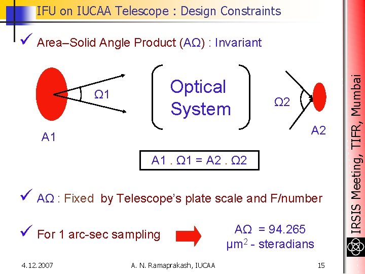 IFU on IUCAA Telescope : Design Constraints Optical System Ω 1 Ω 2 A IFU on IUCAA Telescope : Design Constraints Optical System Ω 1 Ω 2 A