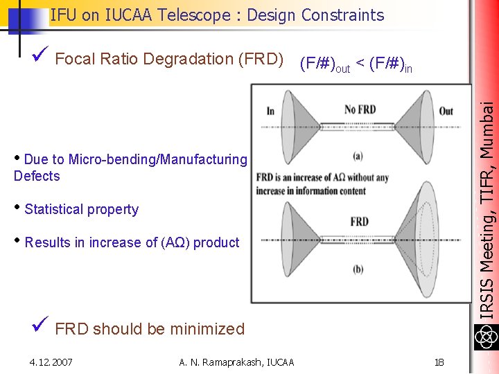 IFU on IUCAA Telescope : Design Constraints (F/#)out < (F/#)in IRSIS Meeting, TIFR, Mumbai IFU on IUCAA Telescope : Design Constraints (F/#)out < (F/#)in IRSIS Meeting, TIFR, Mumbai
