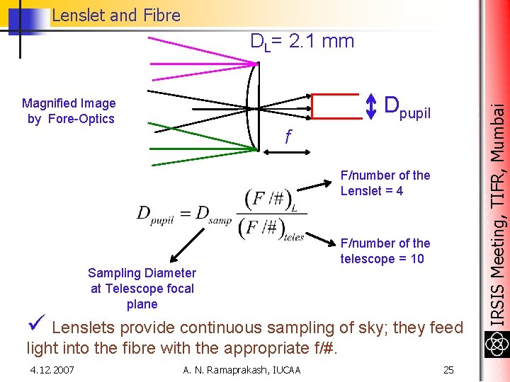 Lenslet and Fibre Dpupil Magnified Image by Fore-Optics f F/number of the Lenslet = Lenslet and Fibre Dpupil Magnified Image by Fore-Optics f F/number of the Lenslet =