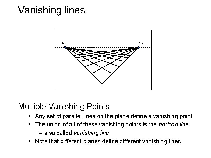 Vanishing lines v 1 v 2 Multiple Vanishing Points • Any set of parallel