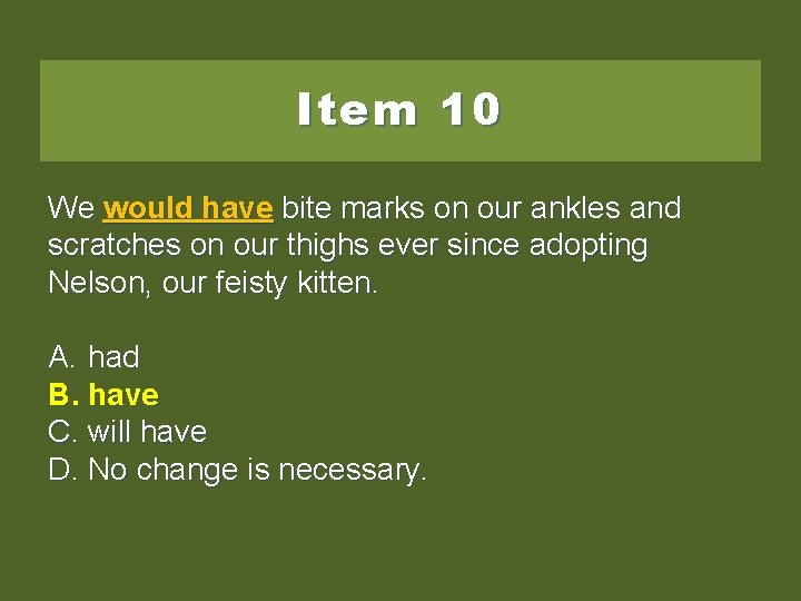 Item 10 We wouldhavebitemarkson onour ouranklesand scratches on our thighs ever since adopting Nelson,