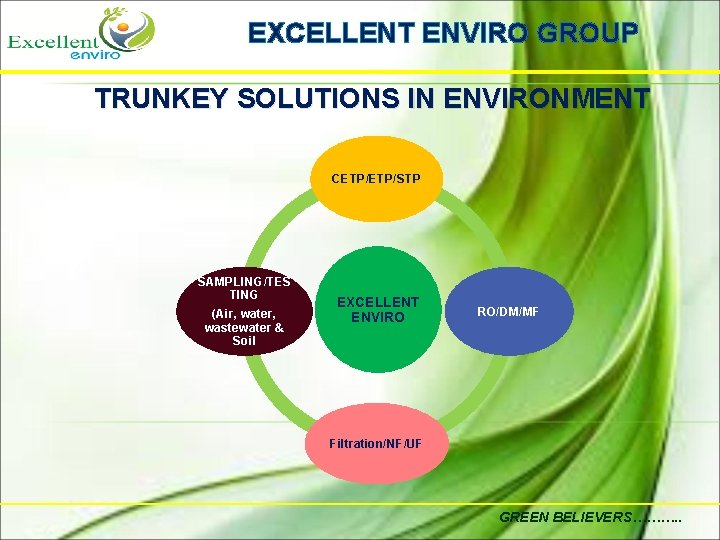 EXCELLENT ENVIRO GROUP TRUNKEY SOLUTIONS IN ENVIRONMENT CETP/STP SAMPLING/TES TING (Air, water, wastewater &