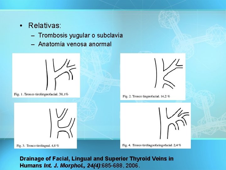  • Relativas: – Trombosis yugular o subclavia – Anatomía venosa anormal Drainage of