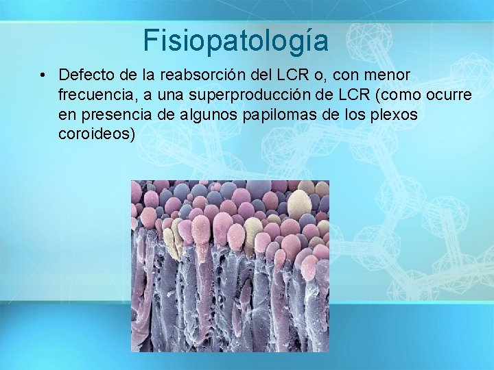 Fisiopatología • Defecto de la reabsorción del LCR o, con menor frecuencia, a una