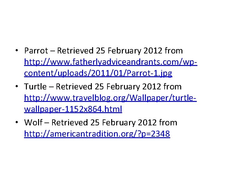  • Parrot – Retrieved 25 February 2012 from http: //www. fatherlyadviceandrants. com/wpcontent/uploads/2011/01/Parrot-1. jpg