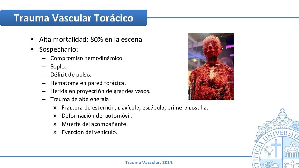 Trauma Vascular Torácico • Alta mortalidad: 80% en la escena. • Sospecharlo: – – Trauma Vascular Torácico • Alta mortalidad: 80% en la escena. • Sospecharlo: – –