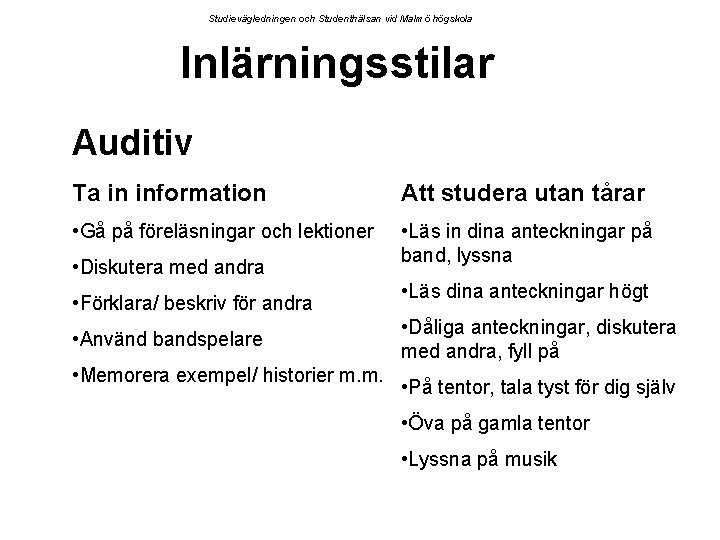 Studievägledningen och Studenthälsan vid Malmö högskola Inlärningsstilar Auditiv Ta in information Att studera utan