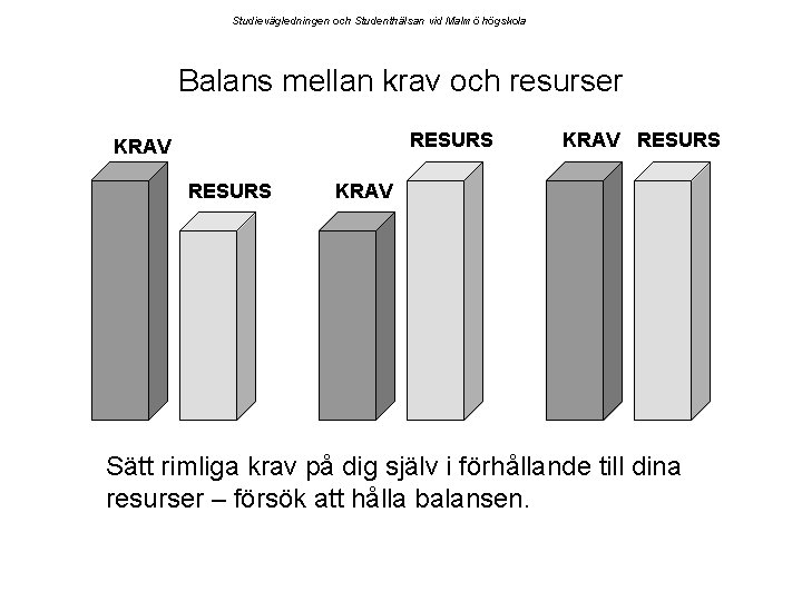 Studievägledningen och Studenthälsan vid Malmö högskola Balans mellan krav och resurser RESURS KRAV Sätt