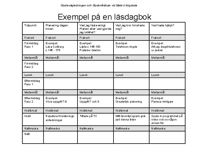 Studievägledningen och Studenthälsan vid Malmö högskola Exempel på en läsdagbok Tidpunkt Planering dagen innan.