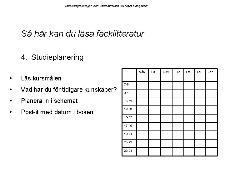 Studievägledningen och Studenthälsan vid Malmö högskola Så här kan du läsa facklitteratur 4. Studieplanering