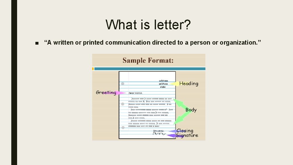 What is letter? ■ “A written or printed communication directed to a person or