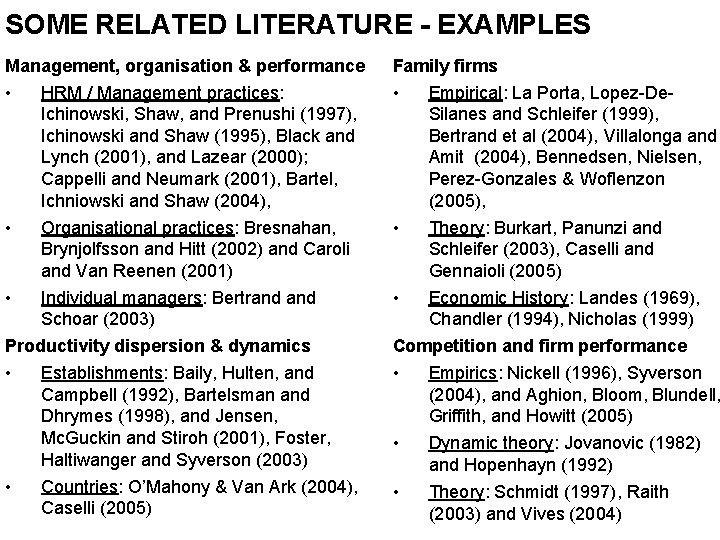 SOME RELATED LITERATURE - EXAMPLES Management, organisation & performance Family firms • HRM /