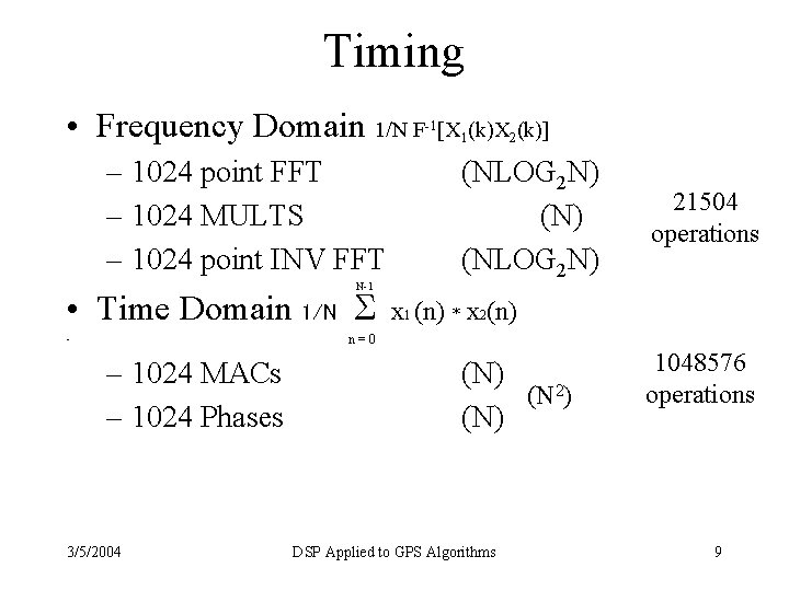 Timing • Frequency Domain 1/N F-1[X 1(k)X 2(k)] – 1024 point FFT – 1024