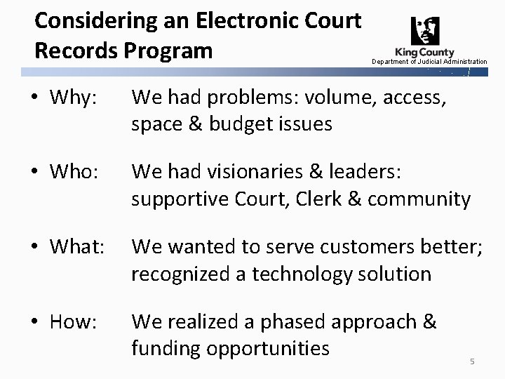 Considering an Electronic Court Records Program Department of Judicial Administration • Why: We had