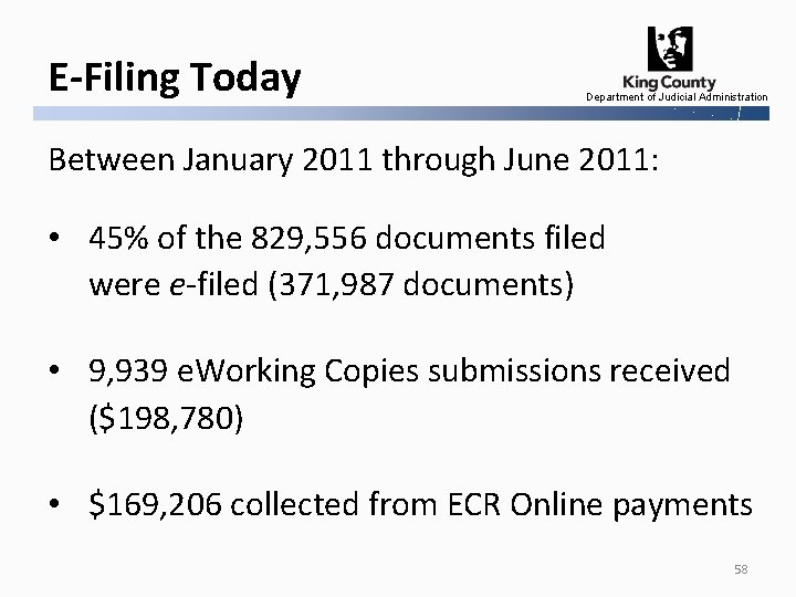 E-Filing Today Department of Judicial Administration Between January 2011 through June 2011: • 45%