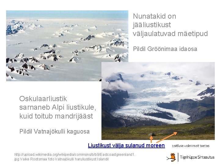 Nunatakid on jääliustikust väljaulatuvad mäetipud Pildil Gröönimaa idaosa Oskulaarliustik sarnaneb Alpi liustikule, kuid toitub