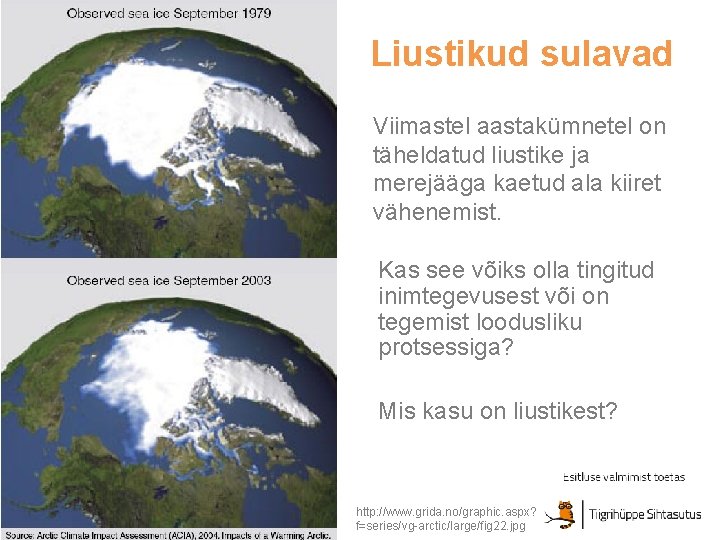 Liustikud sulavad Viimastel aastakümnetel on täheldatud liustike ja merejääga kaetud ala kiiret vähenemist. Kas