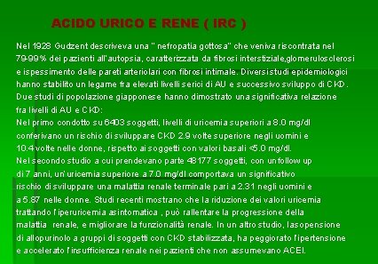 ACIDO URICO E RENE ( IRC ) Nel 1928 Gudzent descriveva una “ nefropatia