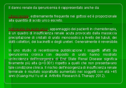 Il danno renale da iperuricemia è rappresentato anche da: Litiasi renale, estremamente frequente nei