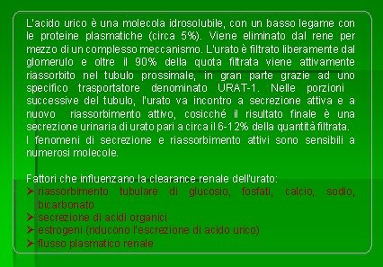 L’acido urico è una molecola idrosolubile, con un basso legame con le proteine plasmatiche