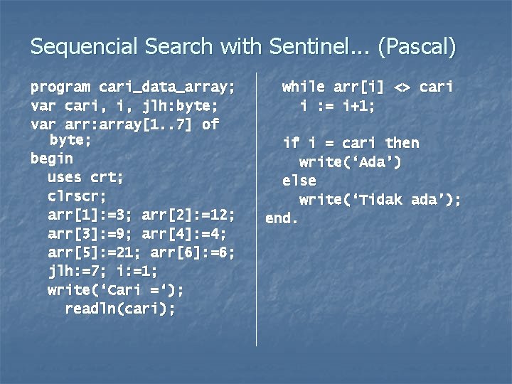 Sequencial Search with Sentinel. . . (Pascal) program cari_data_array; var cari, i, jlh: byte;