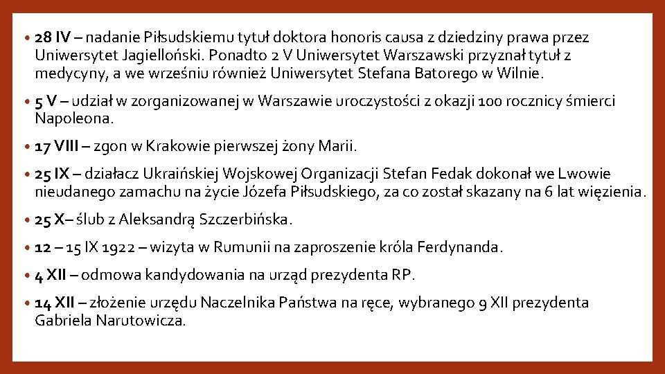  • 28 IV – nadanie Piłsudskiemu tytuł doktora honoris causa z dziedziny prawa