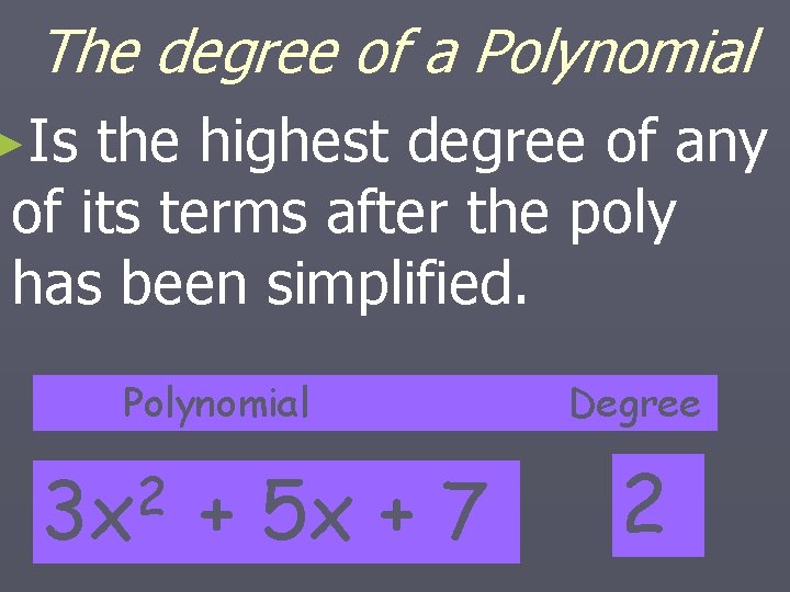 The degree of a Polynomial ►Is the highest degree of any of its terms