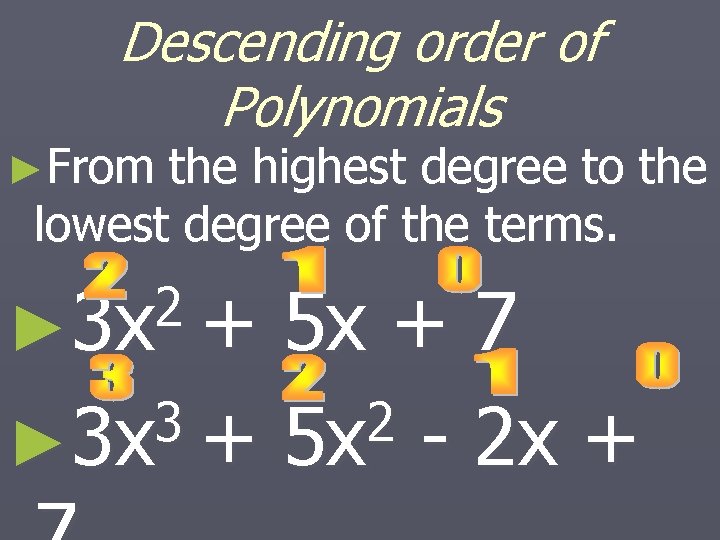 Descending order of Polynomials ►From the highest degree to the lowest degree of the