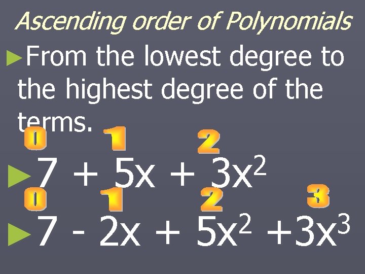 Ascending order of Polynomials ►From the lowest degree to the highest degree of the