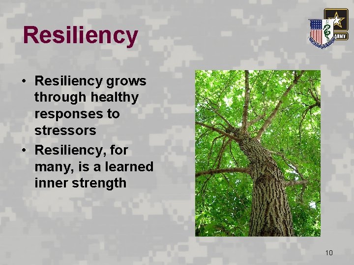 Resiliency • Resiliency grows through healthy responses to stressors • Resiliency, for many, is
