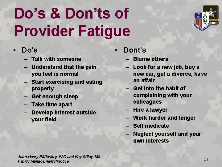 Do’s & Don’ts of Provider Fatigue • Do’s – Talk with someone – Understand