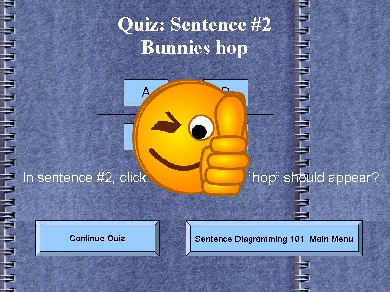 Quiz: Sentence #2 Bunnies hop A B C D In sentence #2, click where