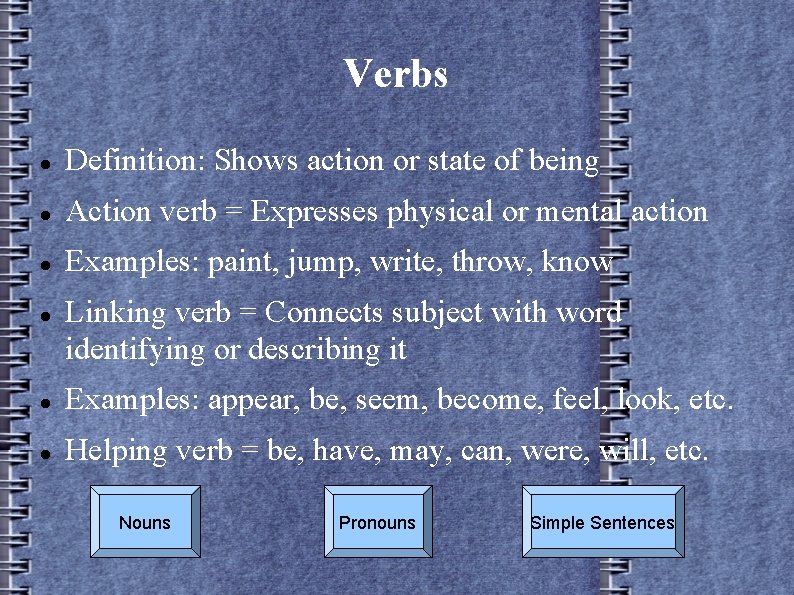 Verbs Definition: Shows action or state of being Action verb = Expresses physical or