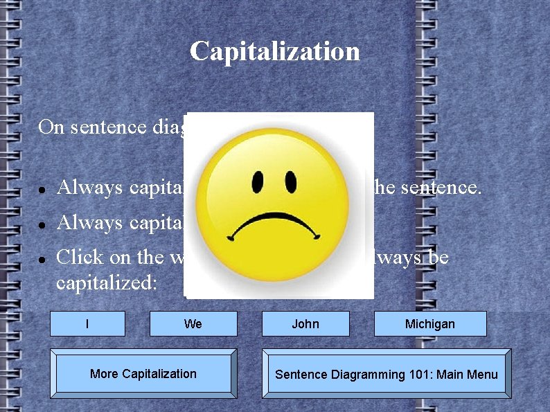 Capitalization On sentence diagrams: Always capitalize the first word of the sentence. Always capitalize