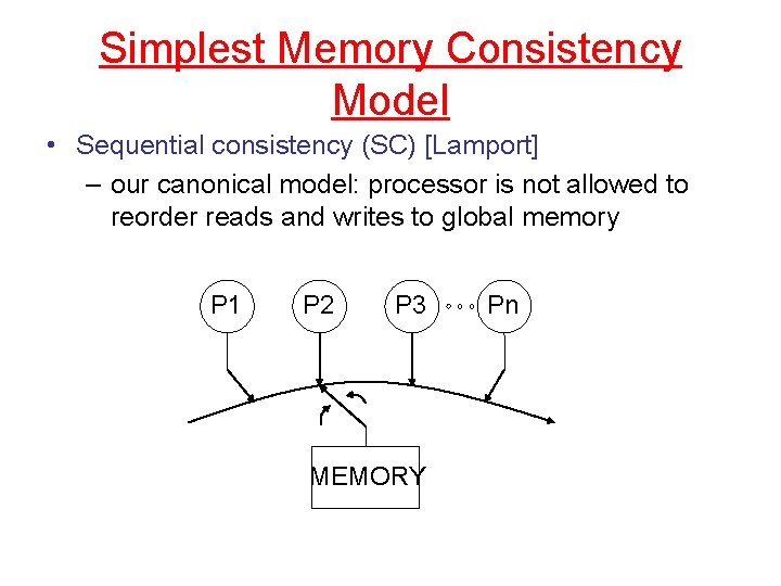 Simplest Memory Consistency Model • Sequential consistency (SC) [Lamport] – our canonical model: processor